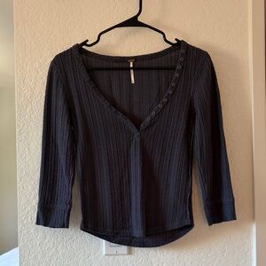 Free People Deep Blue V-Neck Blouse with Button Detail